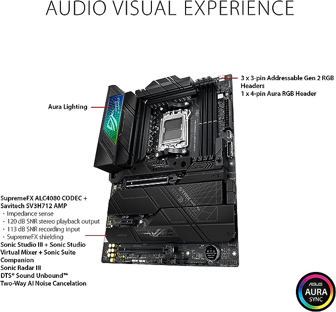 ASUS ROG Strix X670E-F Gaming WIFI6E Socket AM5 (LGA 1718) Ryzen 7000 Gaming Motherboard(PCIe 5.0, DDR5,16 + 2 Power Stages,Four M.2 Slots with heatsinks,USB 3.2 Gen 2x2,AI Cooling II, and Aura Sync) ASUS ROG Strix X670E-F Gaming WIFI6E Socket AM5 (LGA 1718) Ryzen 7000 Gaming Motherboard(PCIe 5.0, DDR5,16 + 2 Power Stages,Four M.2 Slots with heatsinks,USB 3.2 Gen 2x2,AI Cooling II, and Aura Sync)